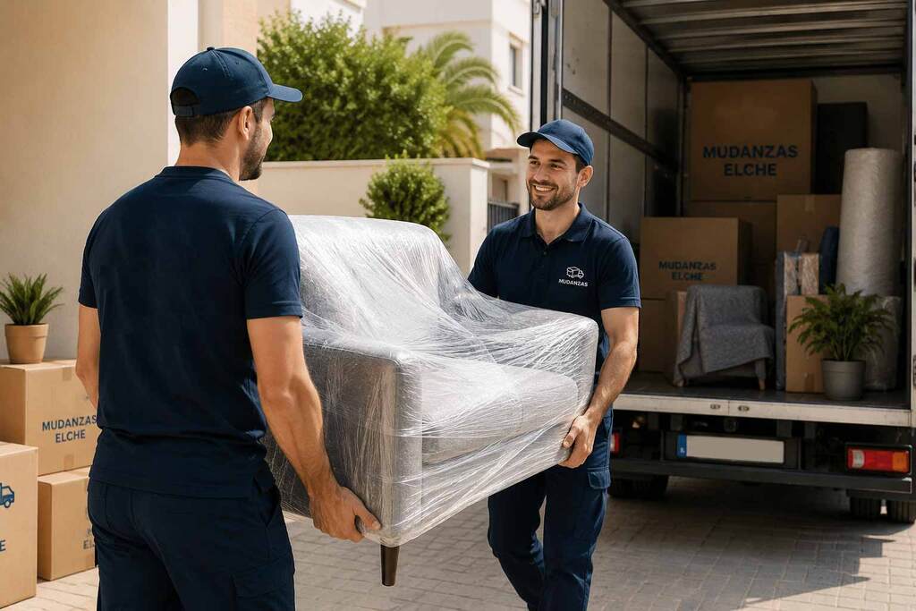 Profesionales de Mudanzas Elche trasladando un sofá protegido durante una mudanza de vivienda.